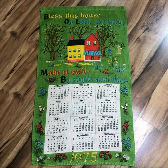 Wall Decor | Vintage Linen Tea Towel 1975 Calendar Bless This House  Beautiful Vibrant Colors | Poshmark